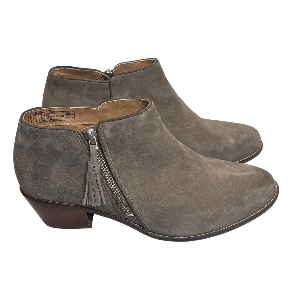 Vionic Ankle Boots 8 Gray Taupe Brown Suede Tassel Zip Orthotic Comfort Booties